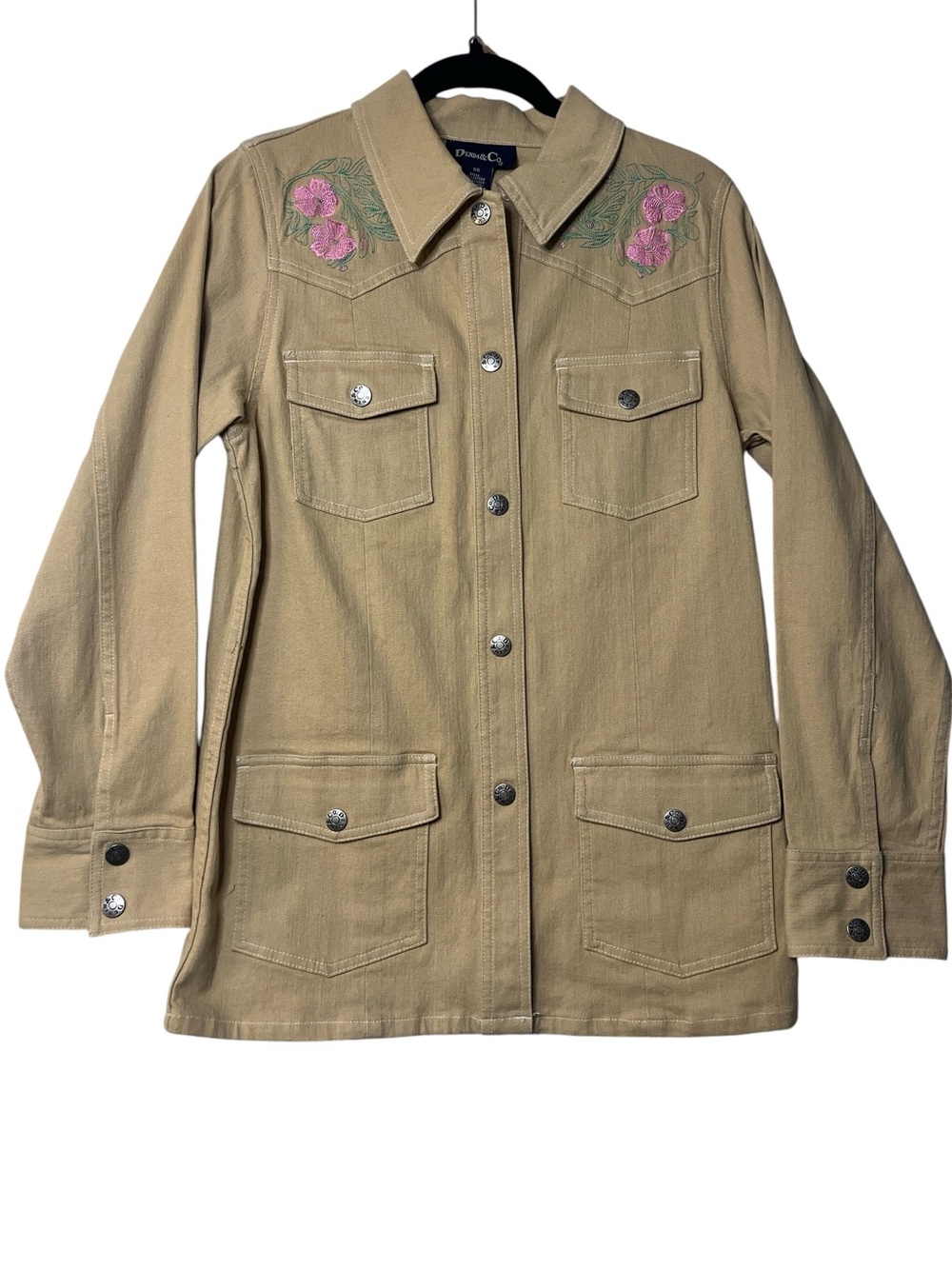 NWT Denim&Co Tan Utility Jacket with Pink Floral Embroidery